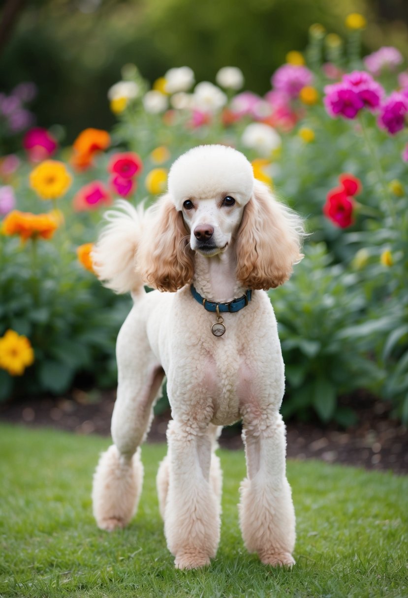 A cream poodle standing in a blooming garden, with colorful flowers in the background and a gentle breeze ruffling its fur