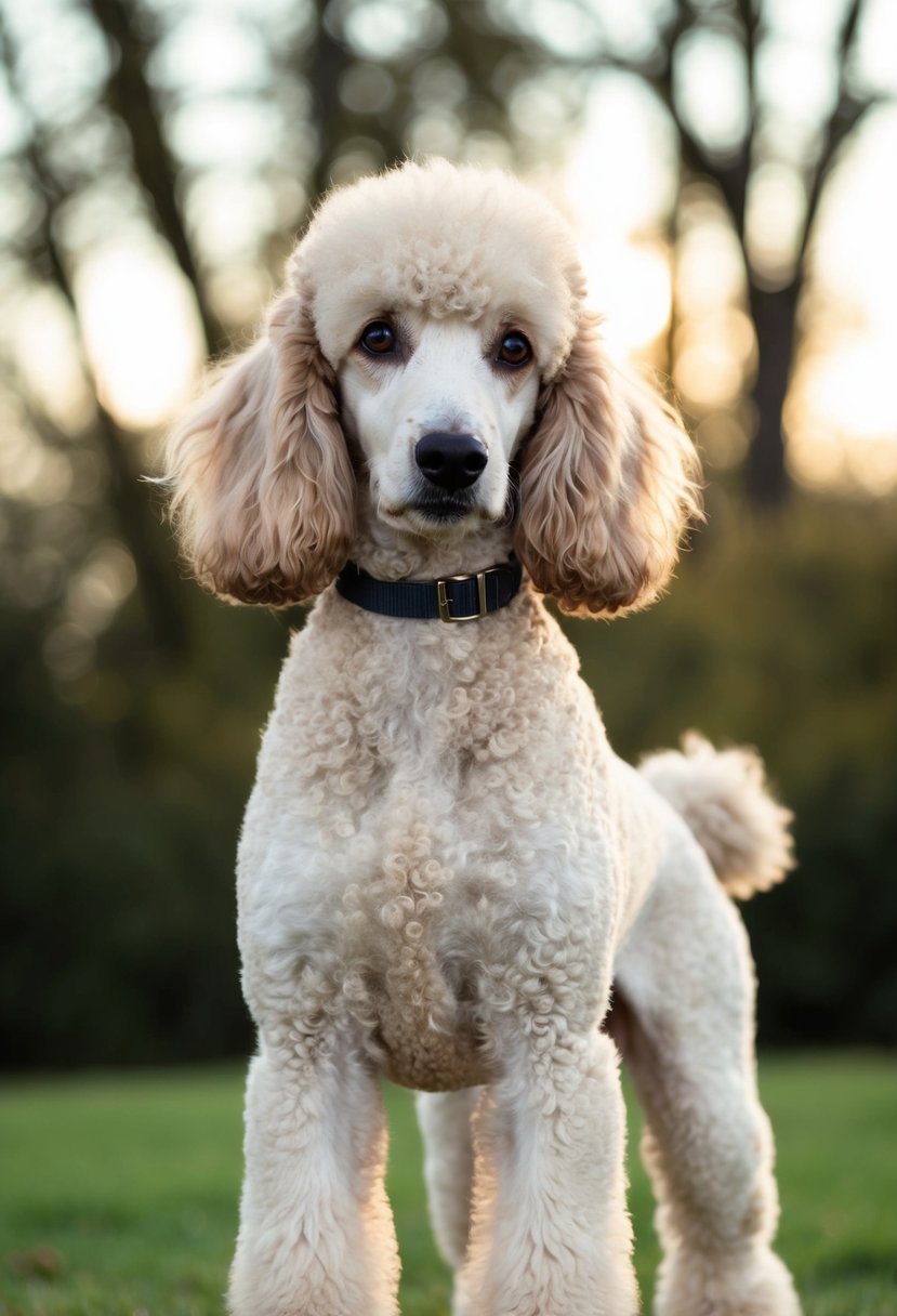 A cream poodle stands on all fours, with a fluffy, curly coat and a distinctively shaped face with dark, round eyes and a black nose