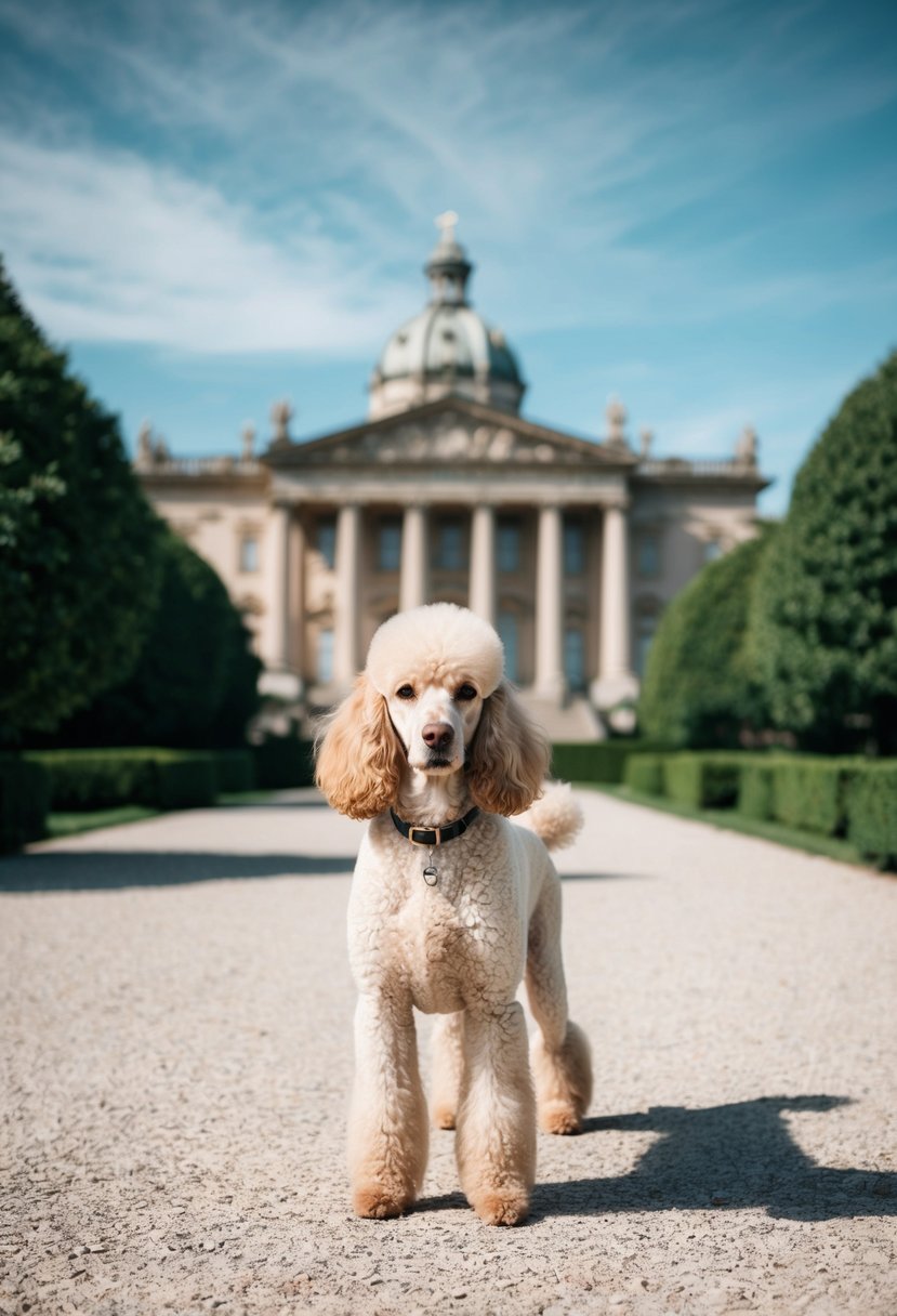 A cream poodle stands proudly in front of a grand historical building, surrounded by lush greenery and a clear blue sky