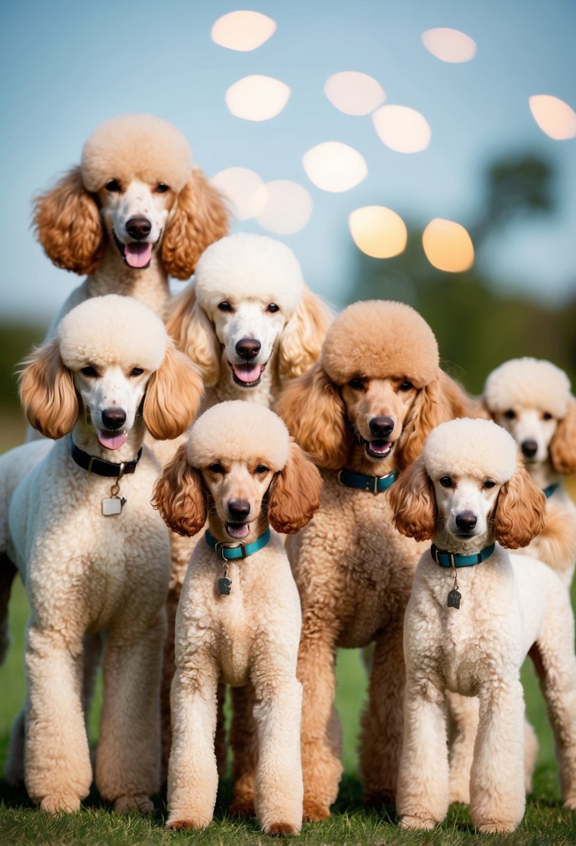 Multiple cream poodles of varying sizes standing together