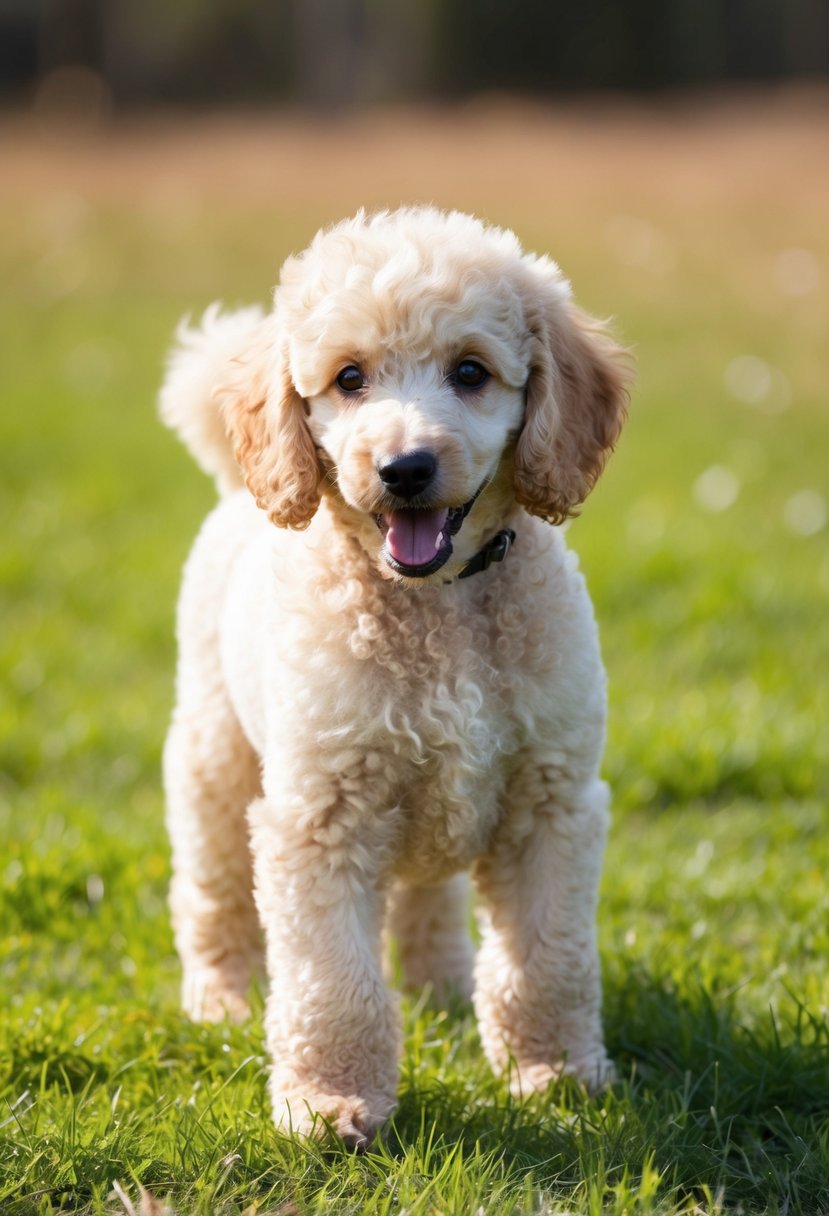 A cream poodle puppy stands in a grassy field, with a playful expression and fluffy fur. The sunlight highlights its creamy coat, and it looks alert and friendly