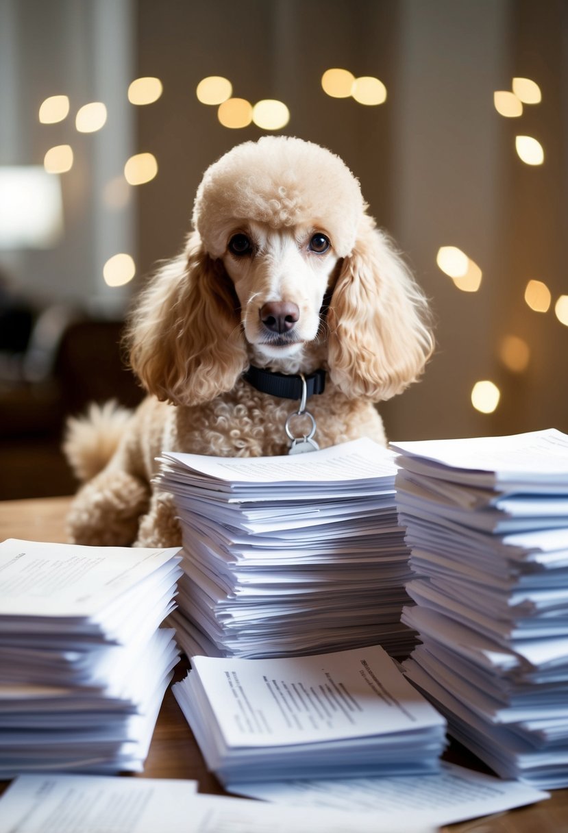 A cream poodle surrounded by a stack of Frequently Asked Questions papers, with a curious expression