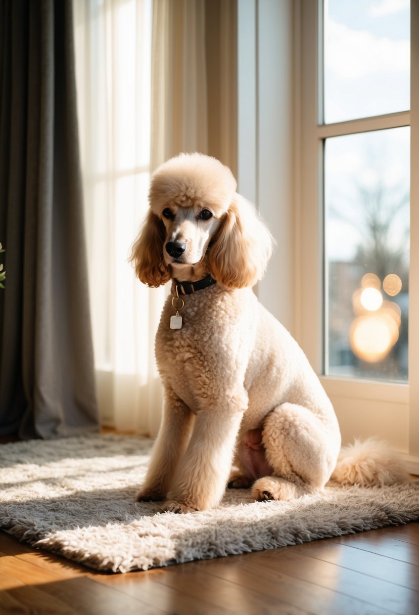 A cream poodle sits on a plush rug, gazing out a window with a serene expression. Sunlight filters through the curtains, casting a warm glow on the dog's fluffy coat