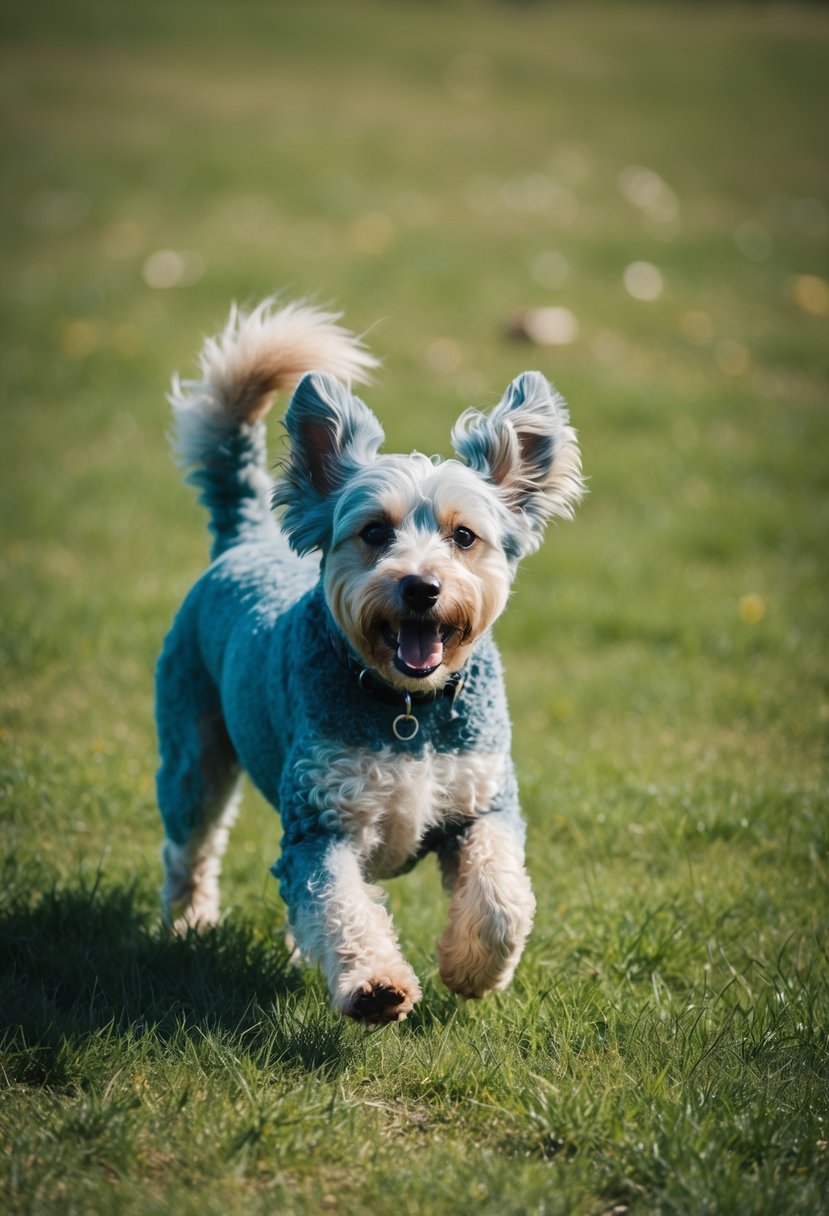 A blue heeler poodle mix dog playing in a grassy field, with its ears flopping and tail wagging