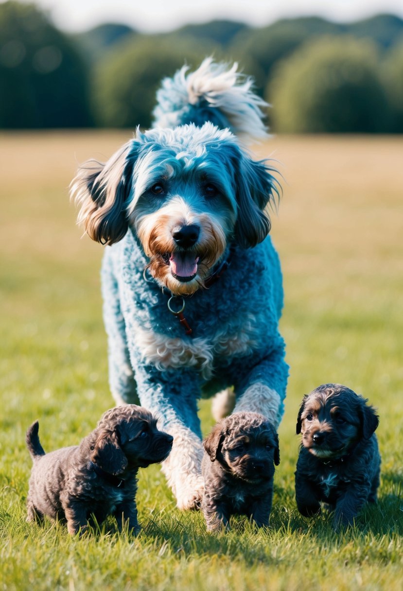 A Blue Heeler Poodle mix parent playing with its puppies in a grassy field