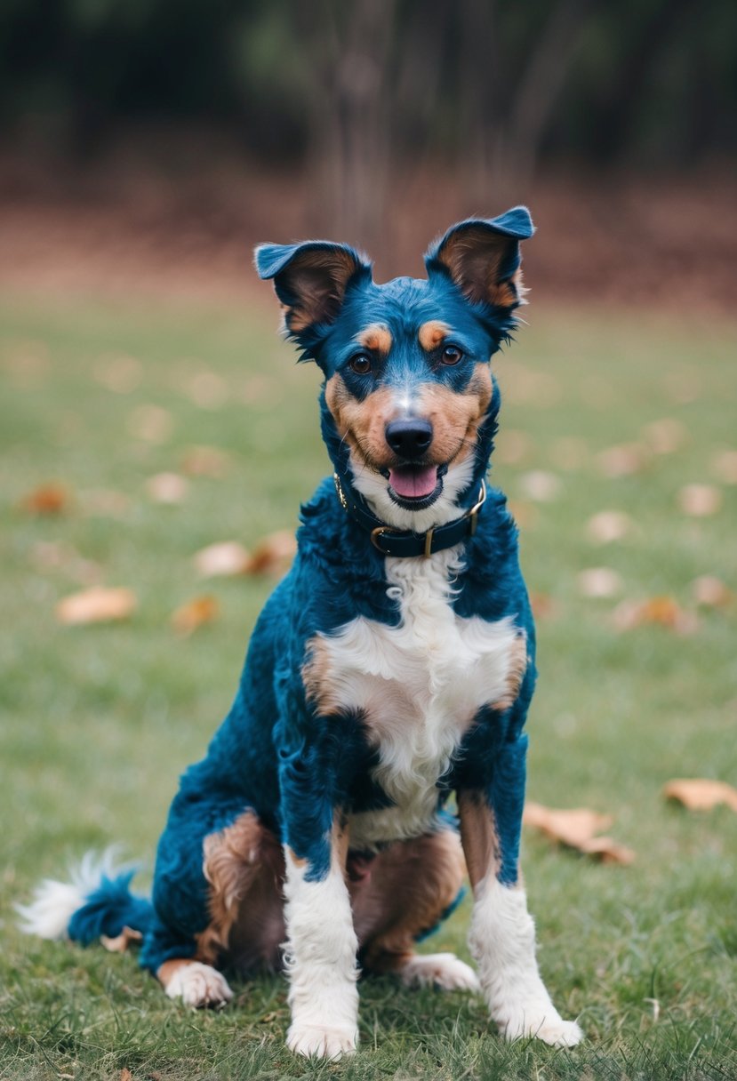 A blue heeler poodle mix sits alert, ears perked, tail wagging. Its intelligent eyes shine with a mix of curiosity and determination