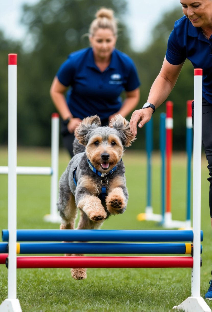 A blue heeler poodle mix dog running through an agility course, jumping over hurdles and weaving through poles, with a trainer guiding the exercise