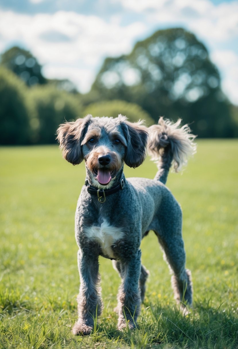 A lively blue heeler poodle mix, with a sleek, medium-sized body, pointy ears, and a fluffy, curly tail, standing in a grassy field