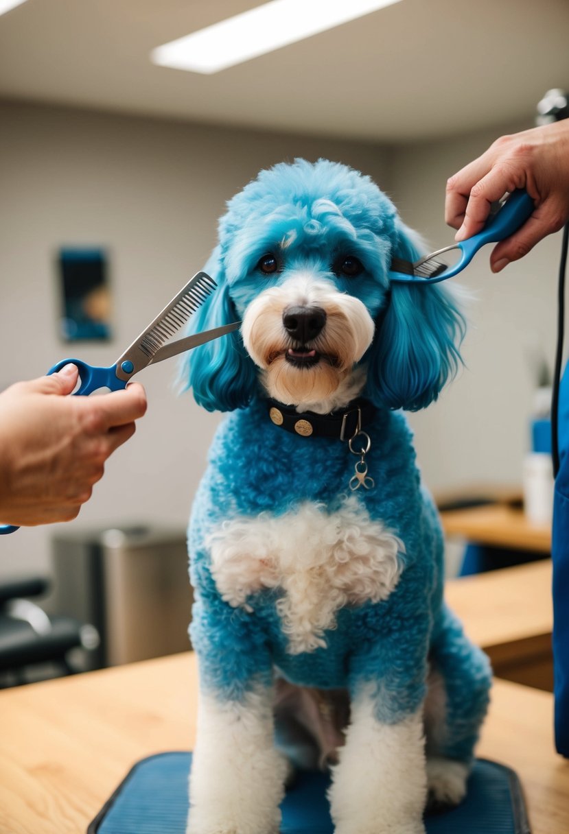 A blue heeler poodle mix being groomed with scissors and brushes