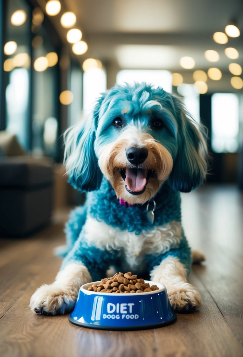 A blue heeler poodle mix eagerly eats from a bowl of diet dog food, wagging its tail