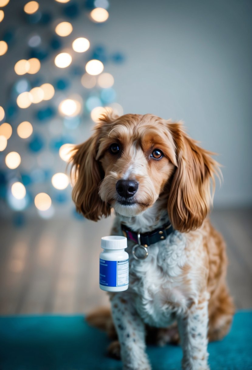 A blue heeler poodle mix dog with a pill bottle and a concerned expression