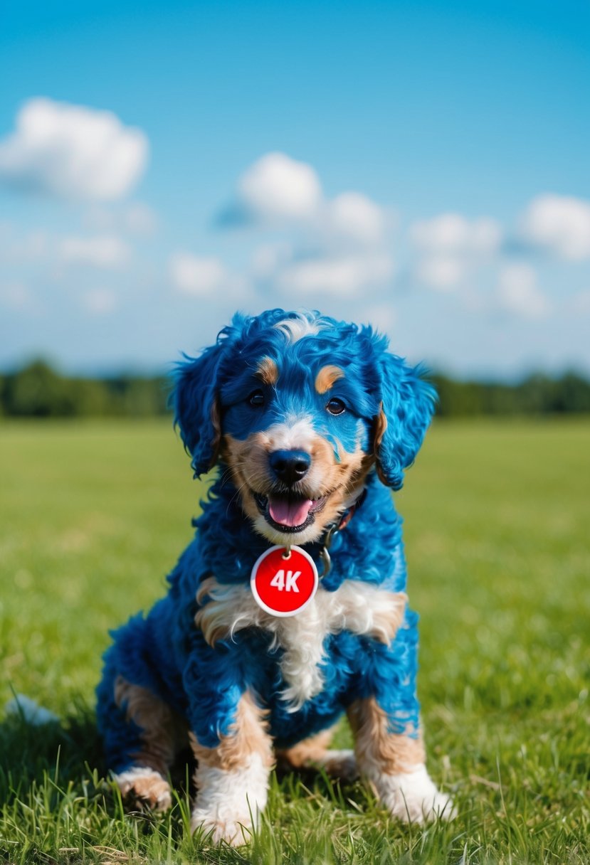 A playful blue heeler poodle mix puppy, with a price tag of 💲, sitting on a grassy field with a bright blue sky in the background