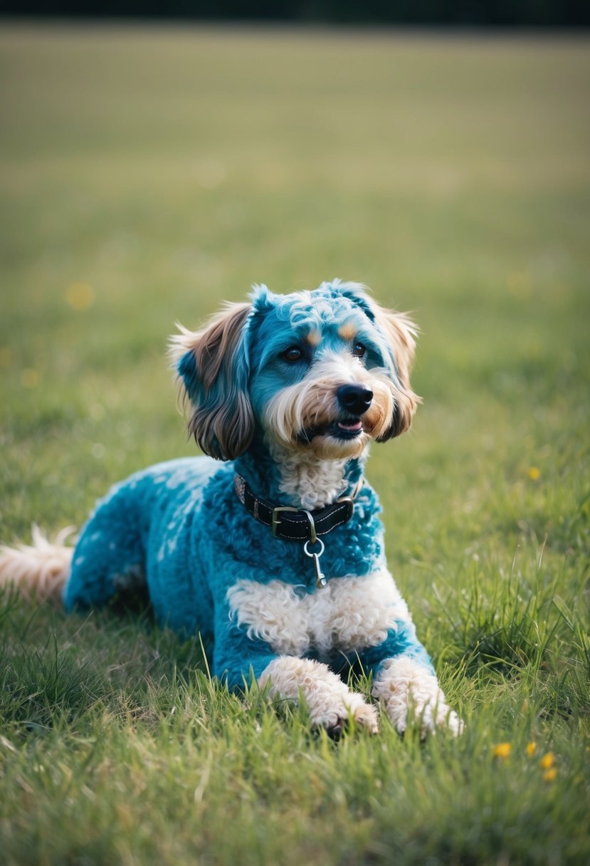 A blue heeler poodle mix lying in a grassy field, gazing off into the distance with a content expression on its face