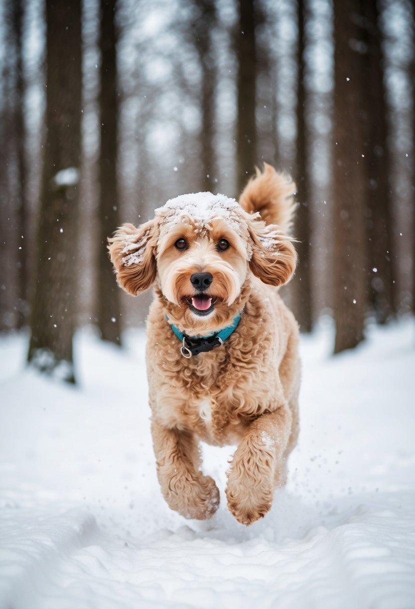 An energetic malamoodle runs through a snowy forest, its thick fur coated in powdery snow. The majestic mix breed's ears perk up as it sniffs the crisp winter air