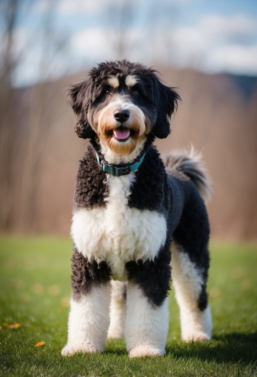 A Malamoodle stands proudly with a thick fur coat, a mix of Alaskan Malamute and Poodle traits evident in its appearance