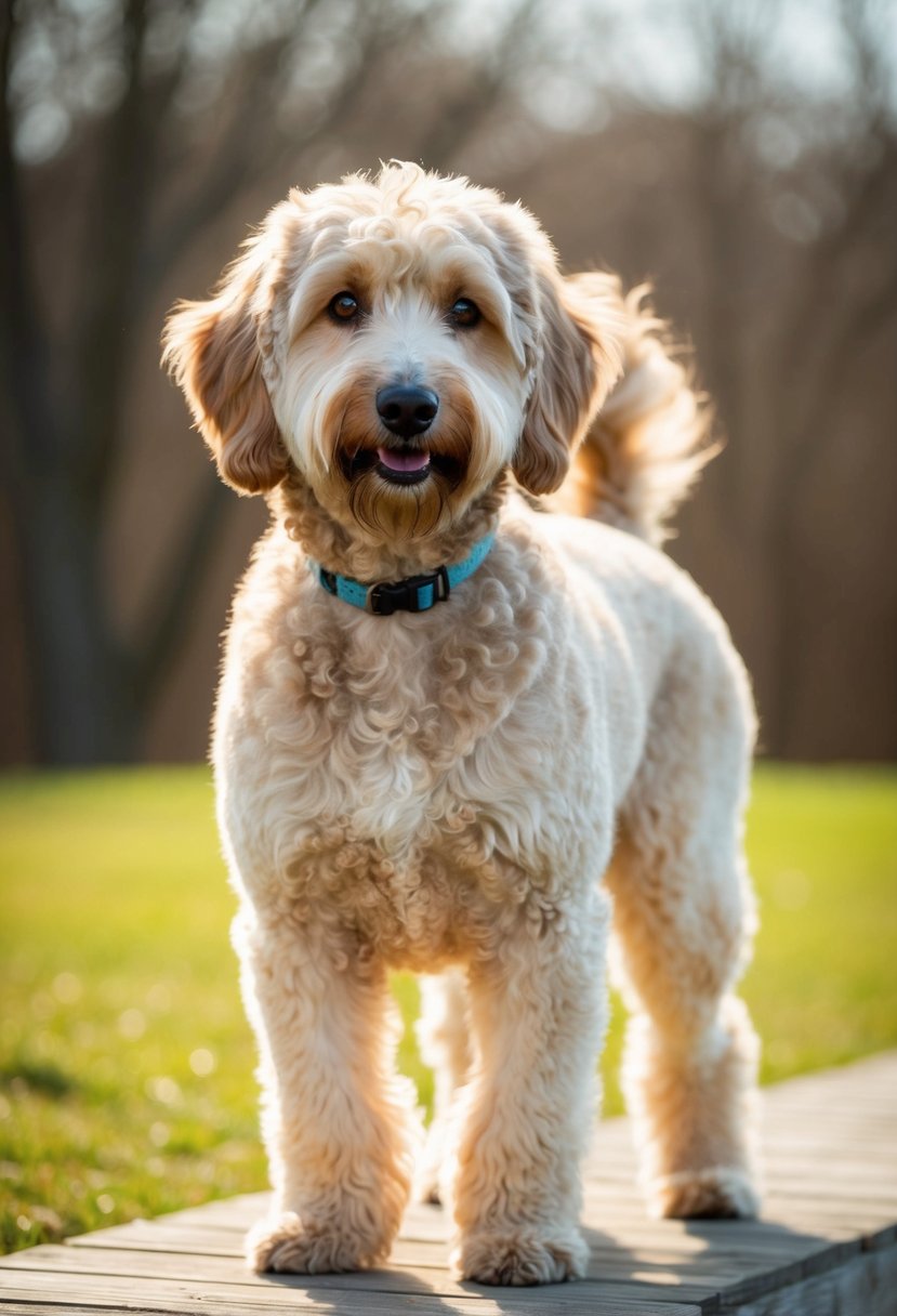 A Malamoodle stands confidently, its thick fur glistening in the sunlight. Its expressive eyes and alert ears capture the essence of its hypoallergenic nature