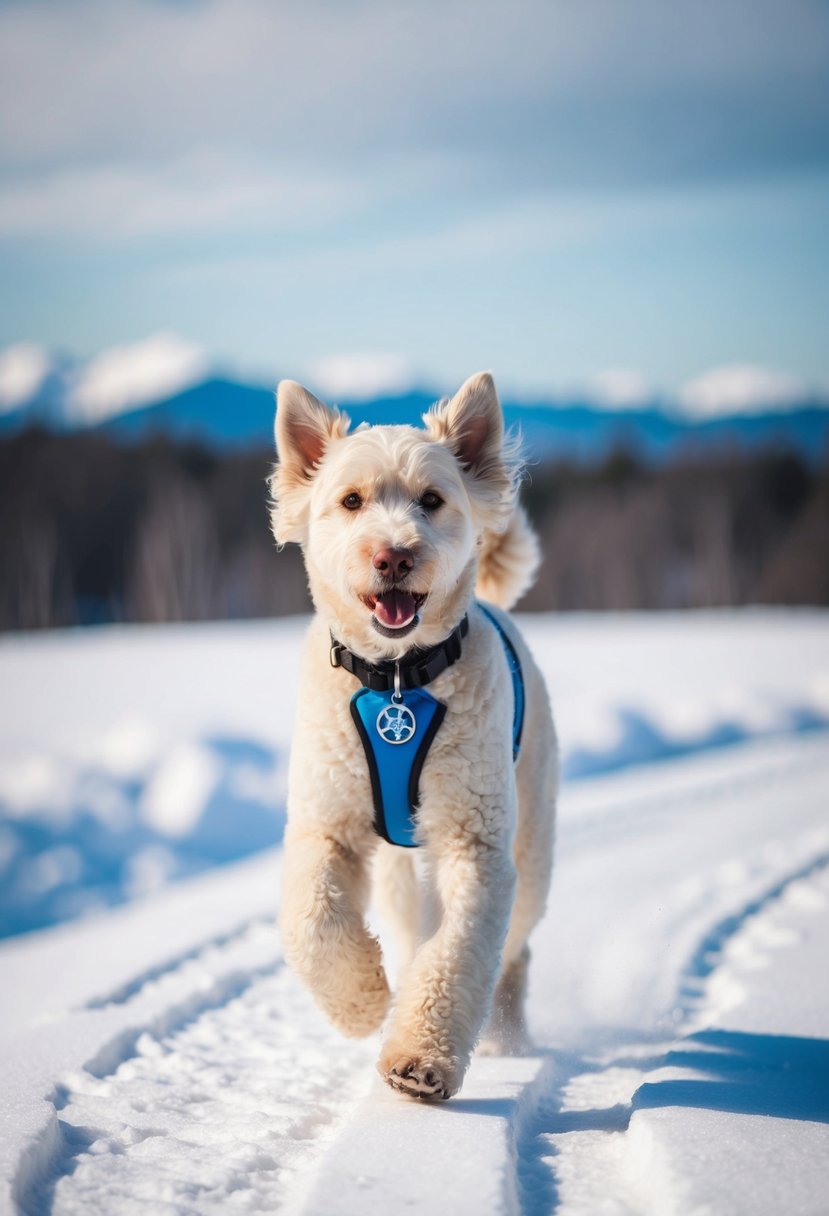 A malamoodle, a mix of alaskan malamute and poodle, displays intelligence and a calm temperament while playing in a snowy landscape