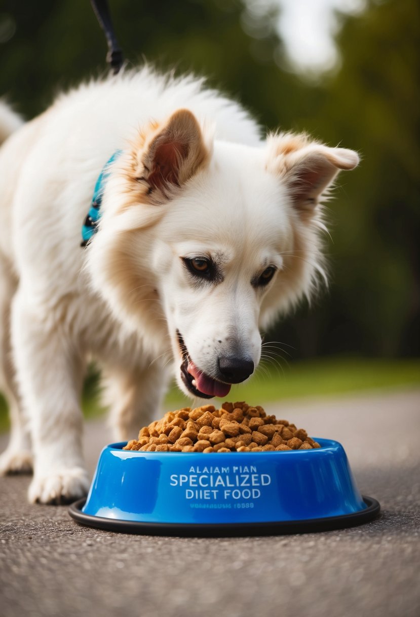 An Alaskan Malamute-Poodle mix eagerly eats a bowl of specialized diet food