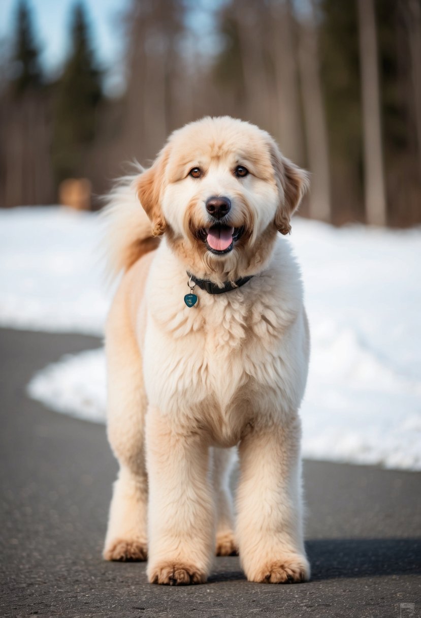 A full-grown Malamoodle stands proudly, showcasing its fluffy coat and sturdy build. Its expressive eyes and playful demeanor capture the essence of the Alaskan Malamute and Poodle mix