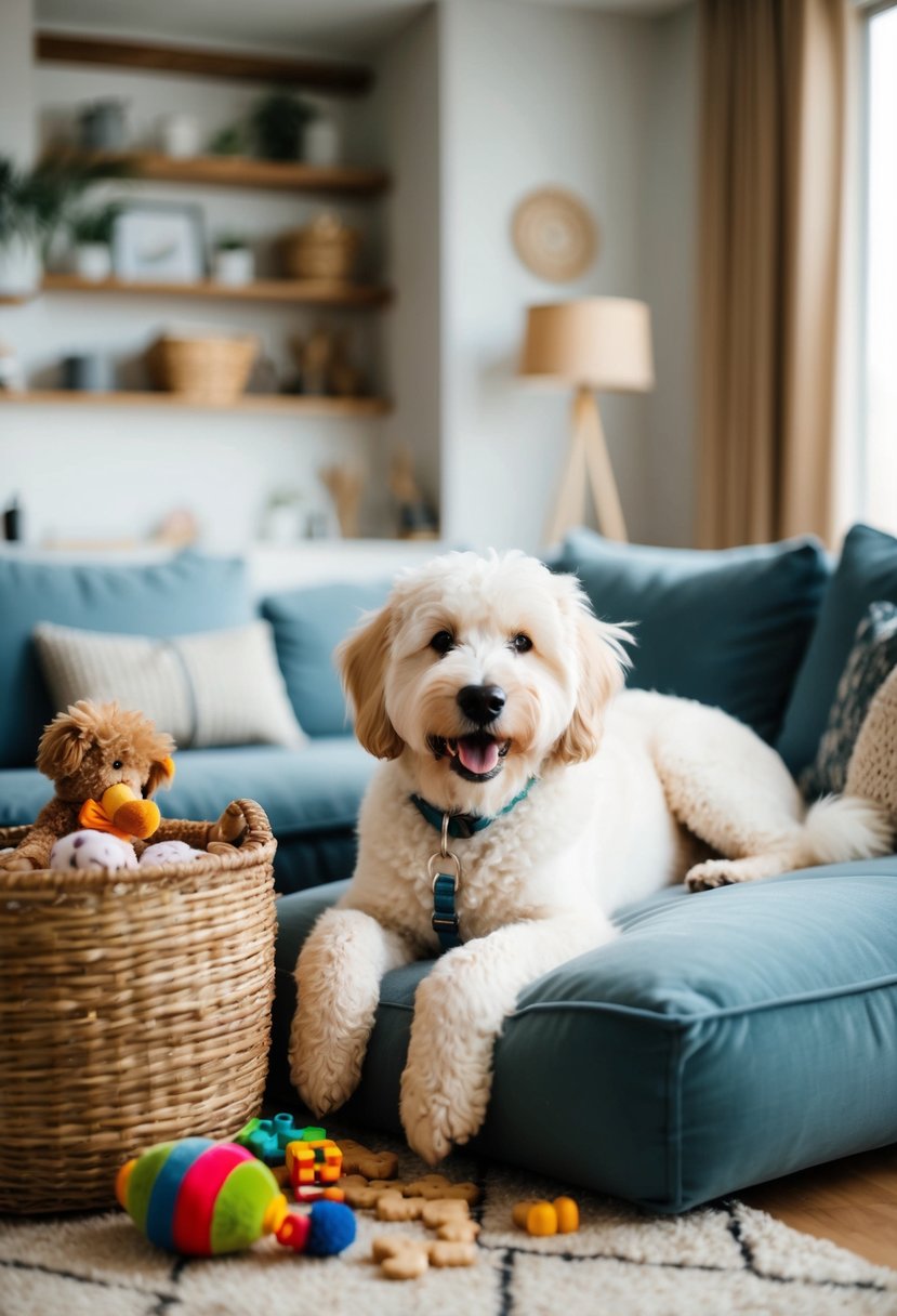 A malamoodle, a mix between an alaskan malamute and a poodle, lounges in a cozy living room surrounded by toys and treats