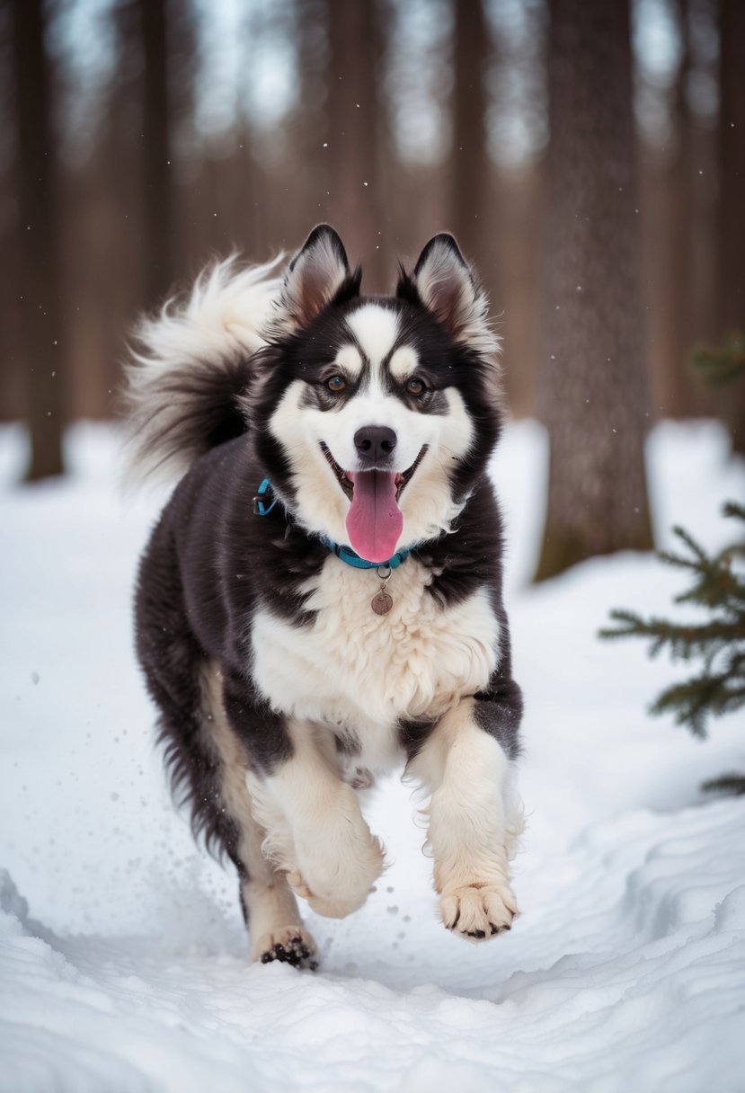 An alaskan malamute poodle mix is running through a snowy forest, its fluffy fur bouncing with each step. The dog's tongue is lolling out, and its tail is wagging happily