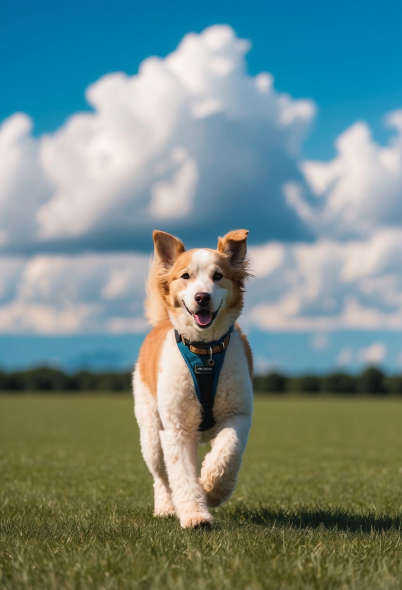 A malamoodle alaskan malamute poodle mix is being trained in a spacious, grassy field with a blue sky and fluffy white clouds overhead