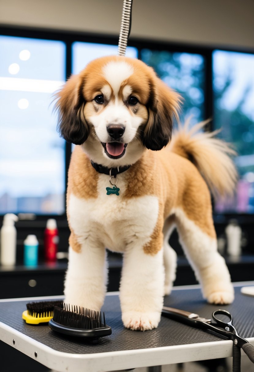 An alaskan malamute poodle mix being groomed on a grooming table with brushes and clippers nearby