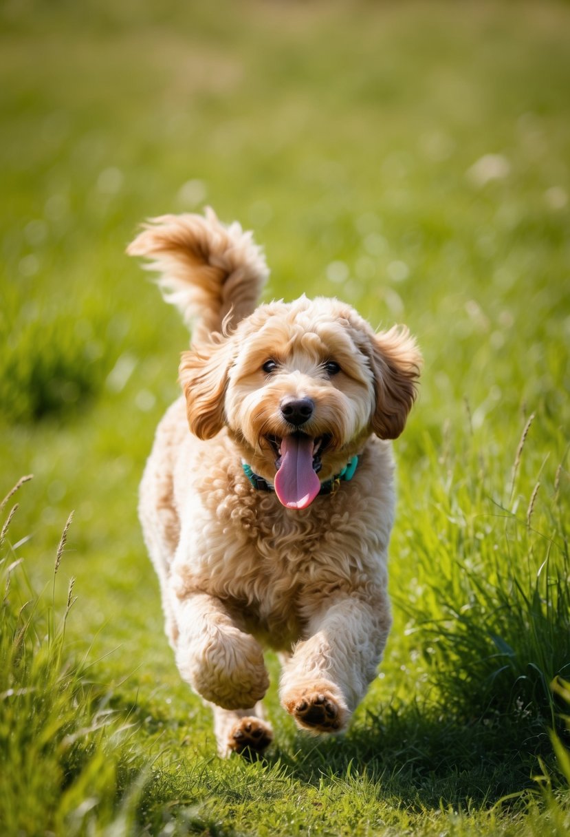 An energetic malamoodle runs through a green meadow, its fluffy fur catching the sunlight. Its tongue lolls out happily as it bounds through the tall grass