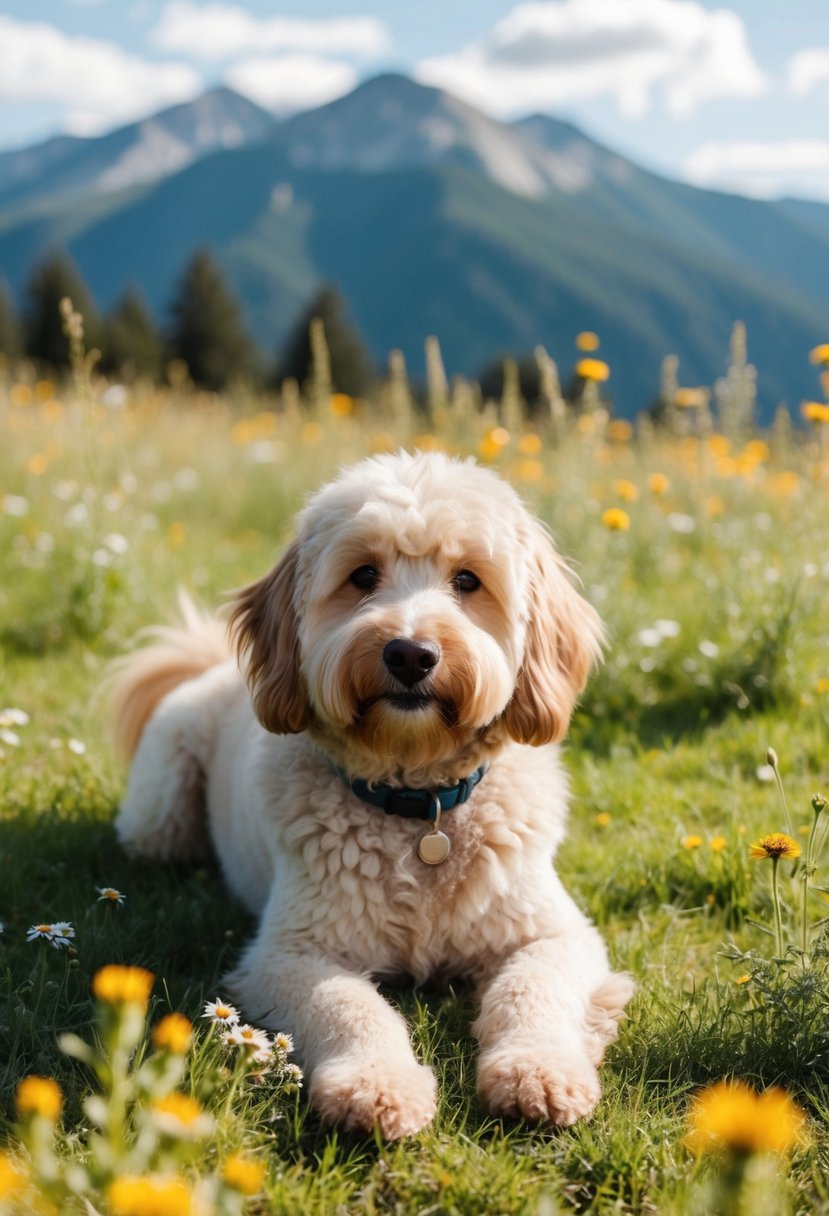 A fluffy malamoodle lounges in a sunlit meadow, surrounded by wildflowers and a serene mountain backdrop