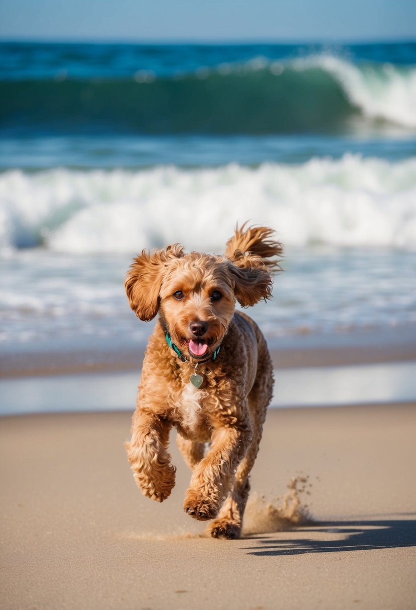 A playful Portuguese water dog poodle mix running on a sandy beach with waves crashing in the background