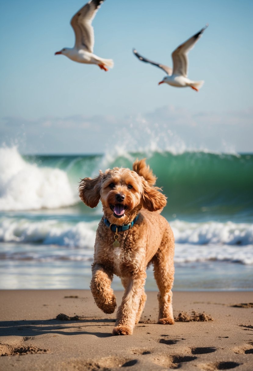 A lively portuguese water dog poodle mix frolics on a sandy beach, with waves crashing in the background and seagulls flying overhead