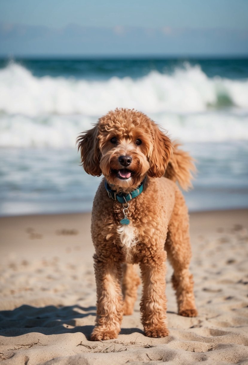 A fluffy, curly-haired Portuguese water dog poodle mix stands on a sandy beach, with the ocean waves crashing in the background