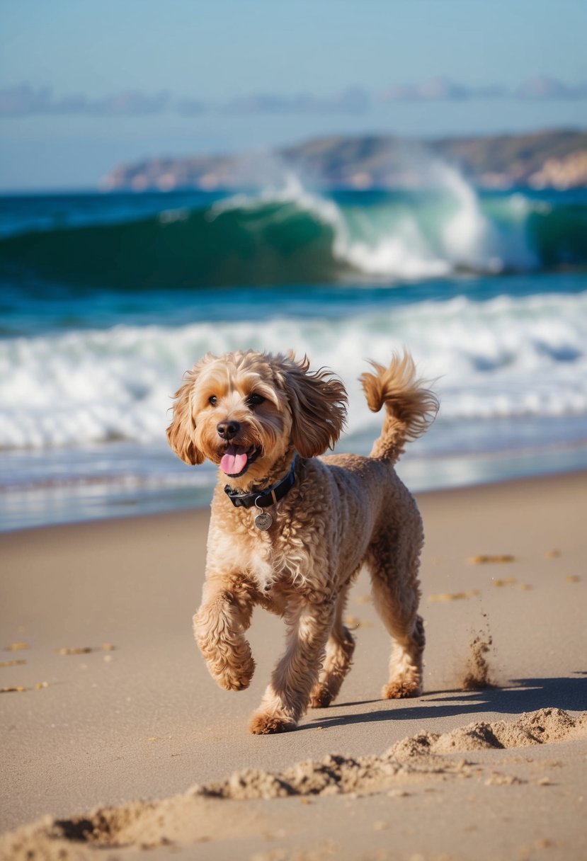 A Portuguese water dog poodle mix plays joyfully in a sunny, sandy beach with waves crashing in the background