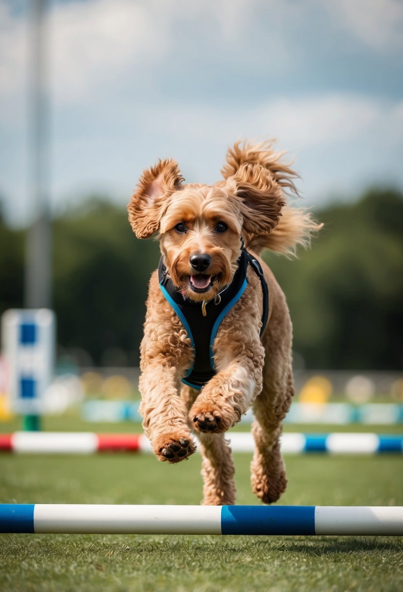 A Portuguese water dog poodle mix is engaged in training and exercise, running through an agility course with a focused and determined expression