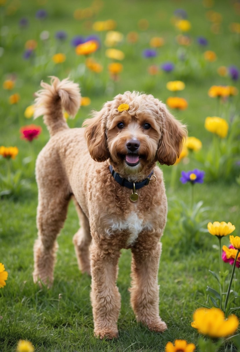 A fluffy Portuguese water dog poodle mix stands on a grassy field, surrounded by colorful flowers, with a few petals stuck to its curly coat