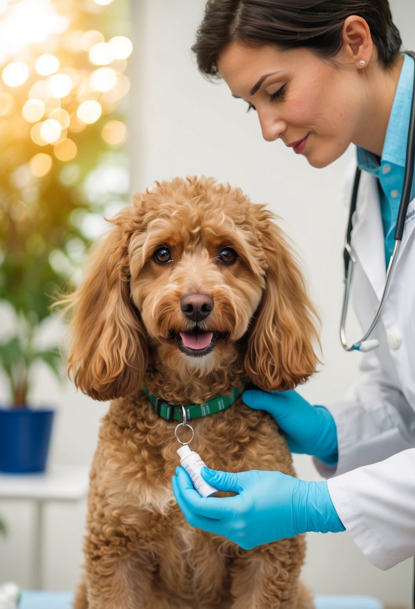 A Portuguese water dog poodle mix receiving medication from a veterinarian