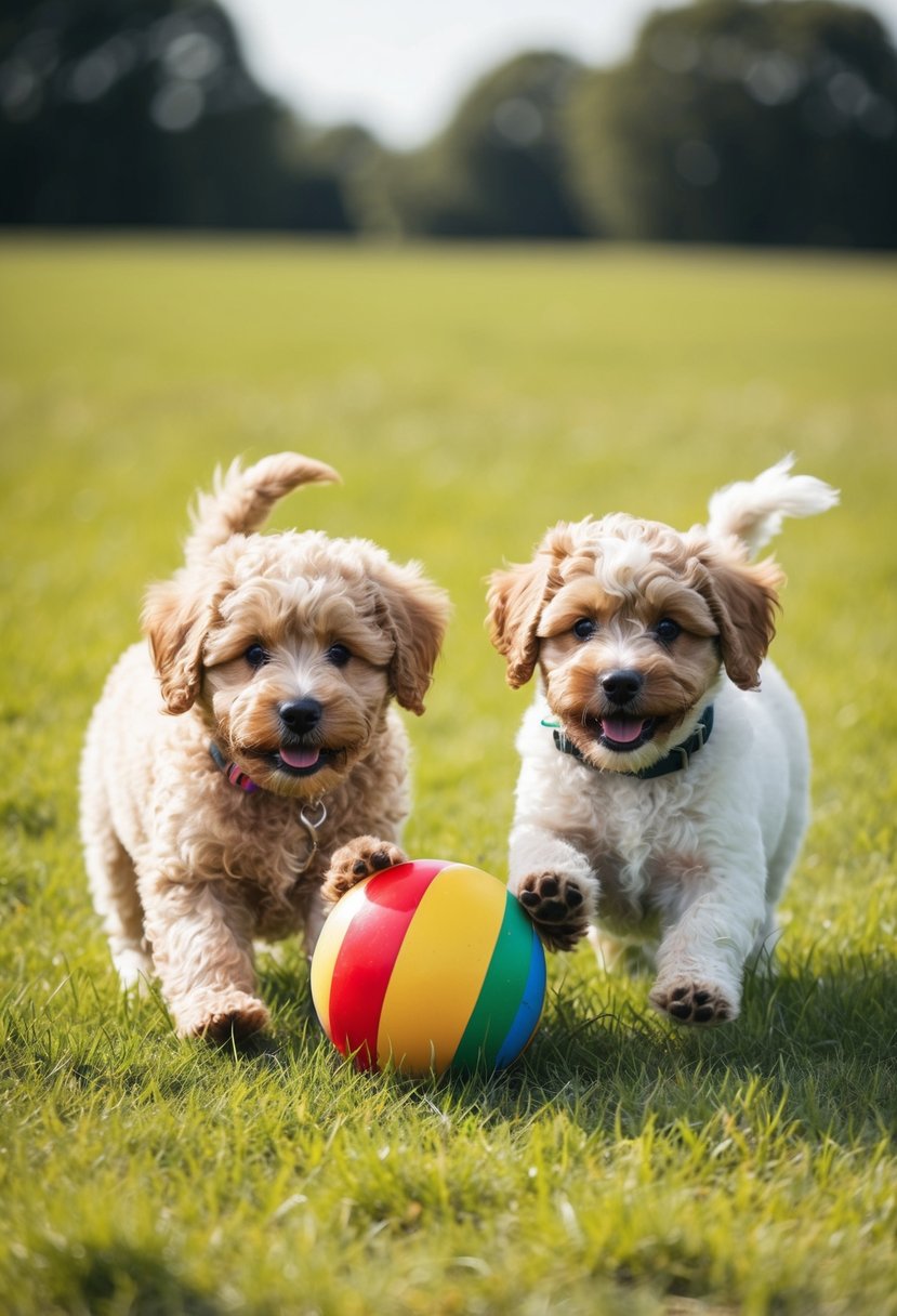 Two fluffy Portuguese Water Dog Poodle mix puppies playing in a grassy field, with a colorful ball between them