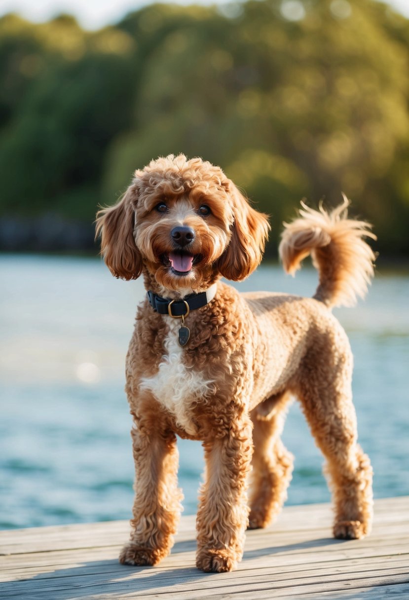 A fluffy, curly-haired Portuguese Water Dog Poodle mix stands proudly, with a wagging tail and bright, alert eyes