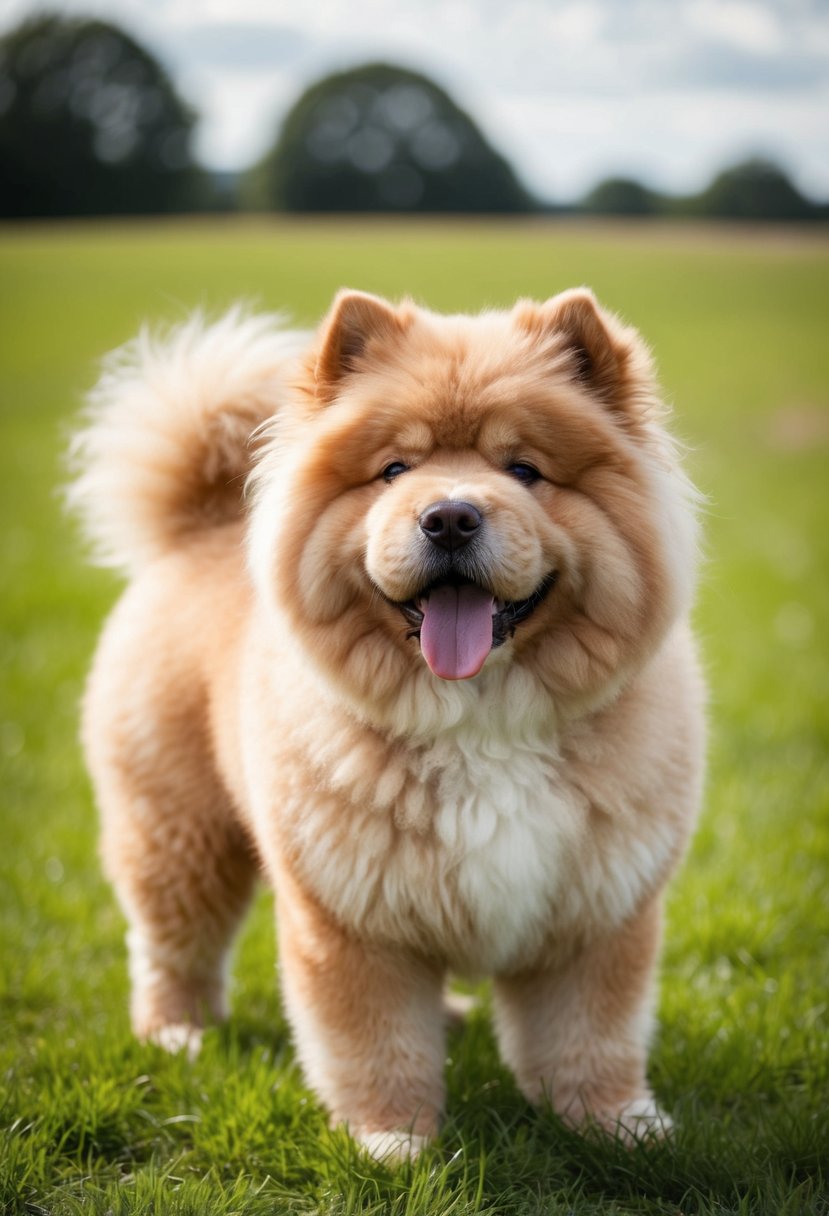 A fluffy chow doodle chow chow poodle mix dog standing on a grassy field, with its tongue out and tail wagging