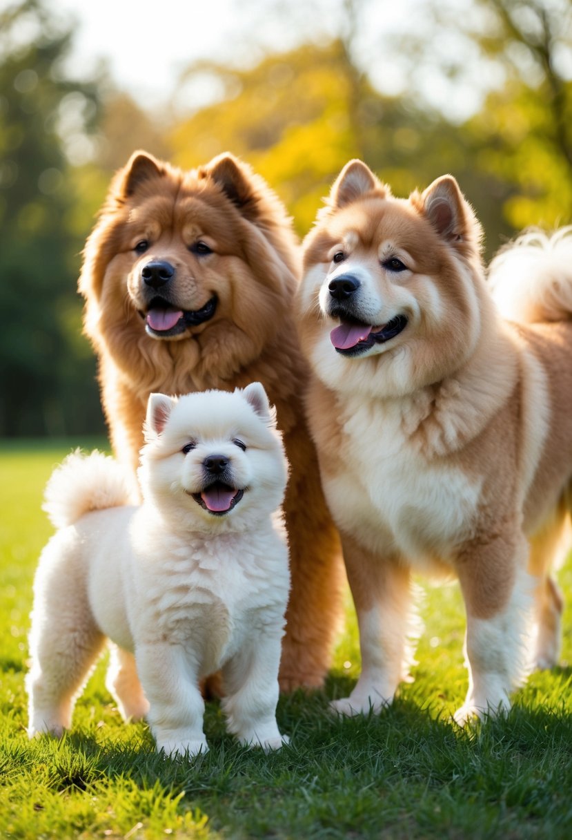 A Chow Chow Poodle Mix stands beside its proud parents, wagging its fluffy tail. The parents look on with adoring eyes, their coats shining in the sunlight