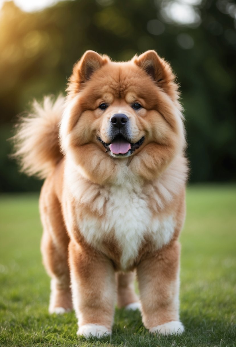 A Chow Chow Poodle mix stands proudly, with a fluffy coat and alert expression. Its ears perk up and its tail wags, exuding a confident and intelligent demeanor