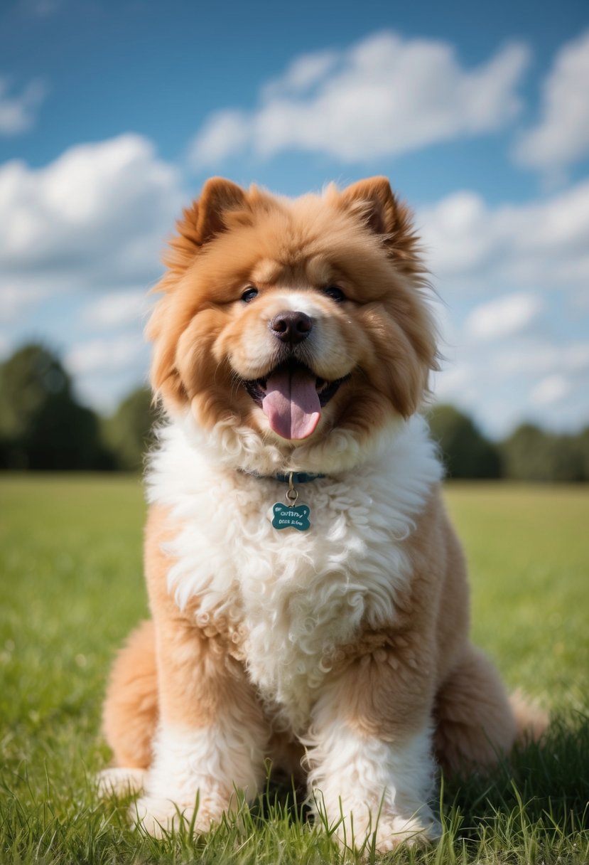 A fluffy chow doodle chow chow poodle mix sitting in a grassy field, with its tongue hanging out and a playful expression on its face