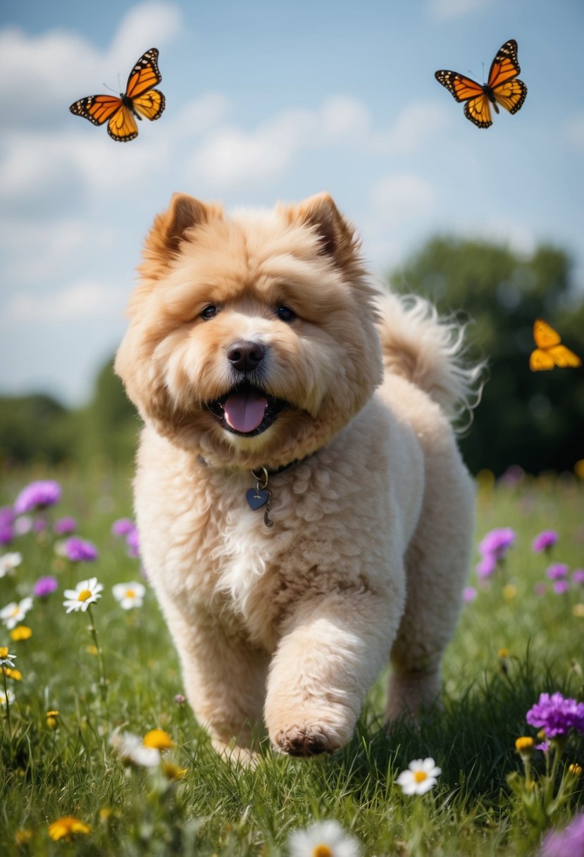 A fluffy chow doodle chow chow poodle mix plays in a field, surrounded by flowers and butterflies