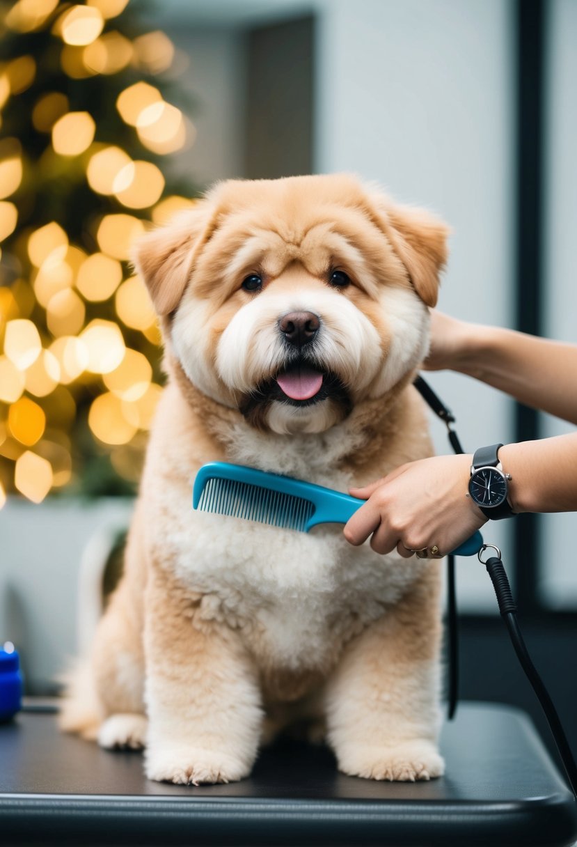 A chow doodle chow chow poodle mix being groomed with a brush and comb on a table