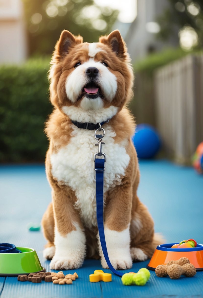 A chow doodle chow chow poodle mix sits attentively during training, surrounded by various training requirements such as treats, toys, and a leash