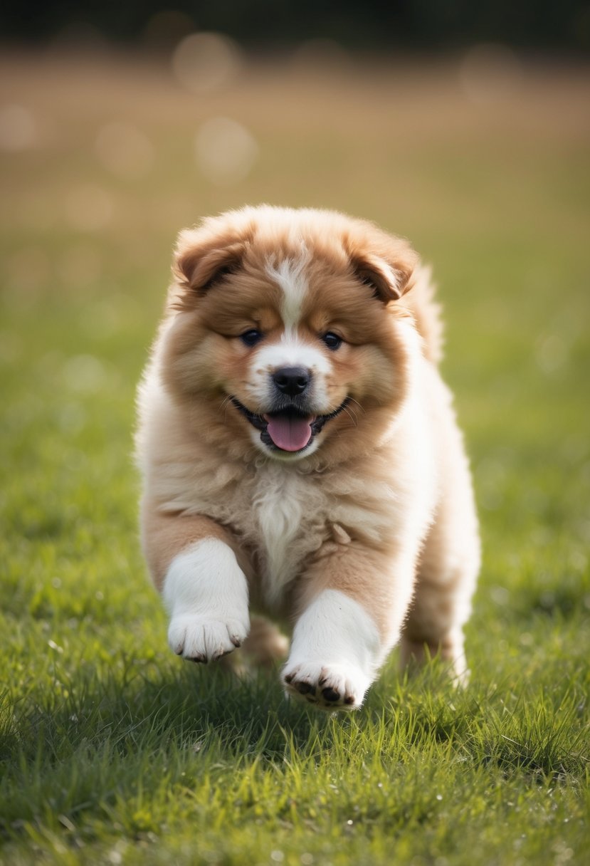 A playful puppy with a fluffy coat, a mix of chow chow, poodle, and golden retriever, wagging its tail in a grassy field