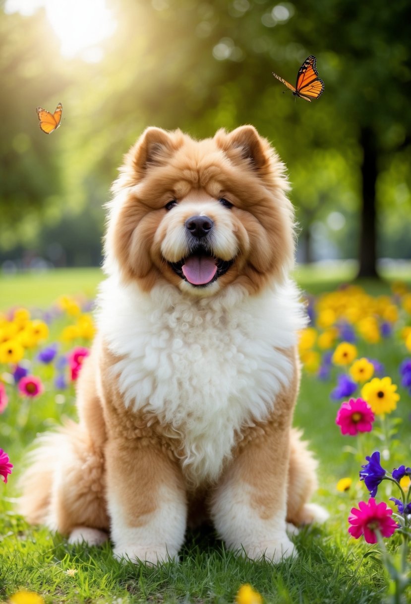 A fluffy chow doodle chow chow poodle mix sits proudly in a park, surrounded by colorful flowers and butterflies. The sun shines down on the happy dog, who is wagging its tail