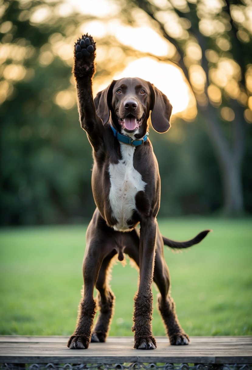 A German shorthaired pointer poodle mix stands alert, tail wagging, with one paw raised in a playful gesture