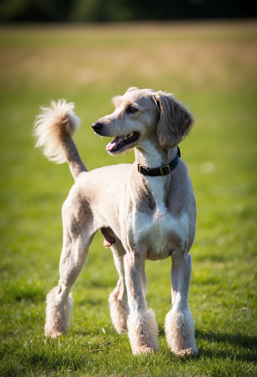 A GSP Poodle Mix stands proudly in a grassy field, its sleek coat glistening in the sunlight. Its tail wags enthusiastically as it looks off into the distance, showcasing its alert and intelligent expression