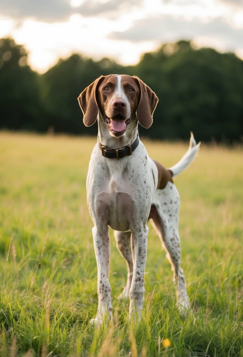 A German shorthaired pointer and poodle mix stands proudly, tail wagging, in a grassy field. The sun shines overhead, casting a warm glow on the dog's brown and white fur